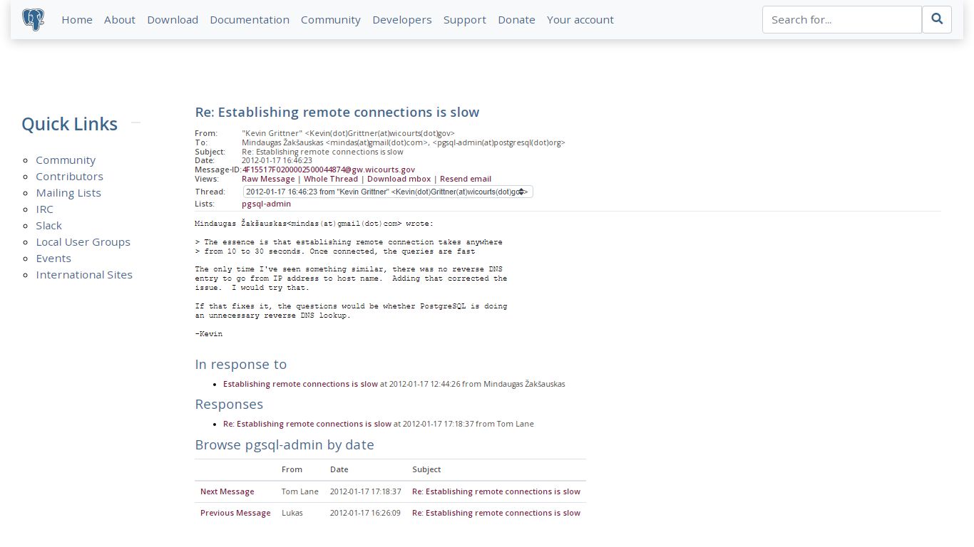 PostgreSQL: Re: Establishing remote connections is slow